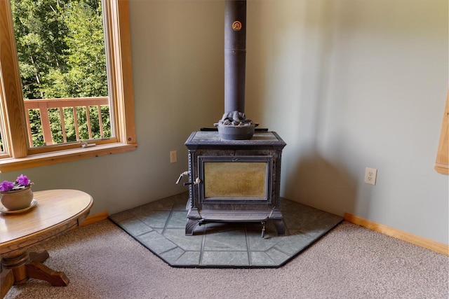 1063 Fernberg Rd, Fall Lake Twp, MN 55731 - detailed view of a wood stove and carpet floors