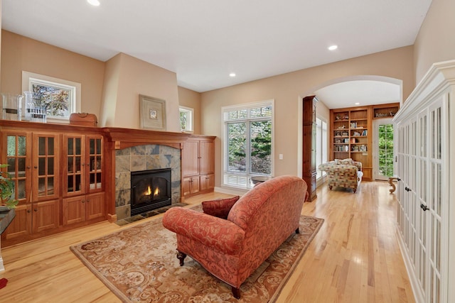 17244 Valley Rd, Eden Prairie, MN 55347 - living room featuring light wood finished floors, arched walkways, a tiled fireplace, and recessed lighting