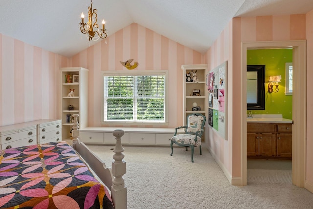 17244 Valley Rd, Eden Prairie, MN 55347 - carpeted bedroom featuring wallpapered walls, vaulted ceiling, ensuite bathroom, and a chandelier