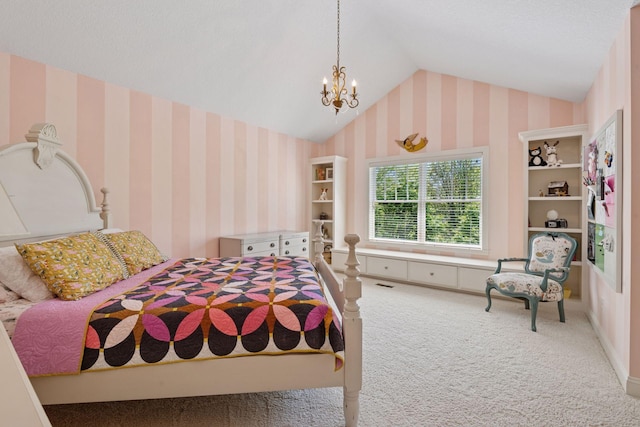 17244 Valley Rd, Eden Prairie, MN 55347 - bedroom with wallpapered walls, lofted ceiling, carpet, and a chandelier