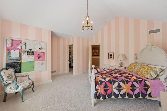 17244 Valley Rd, Eden Prairie, MN 55347 - bedroom with lofted ceiling, carpet floors, a chandelier, and wallpapered walls