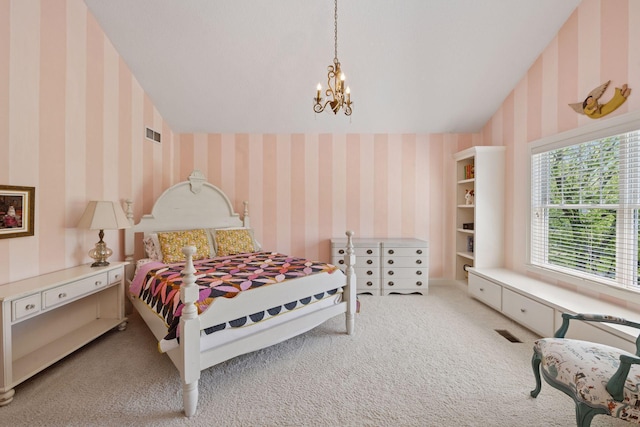 17244 Valley Rd, Eden Prairie, MN 55347 - bedroom featuring wallpapered walls, light colored carpet, and a chandelier