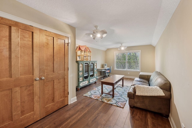 17244 Valley Rd, Eden Prairie, MN 55347 - living area with a ceiling fan, dark wood-style floors, a textured ceiling, and vaulted ceiling