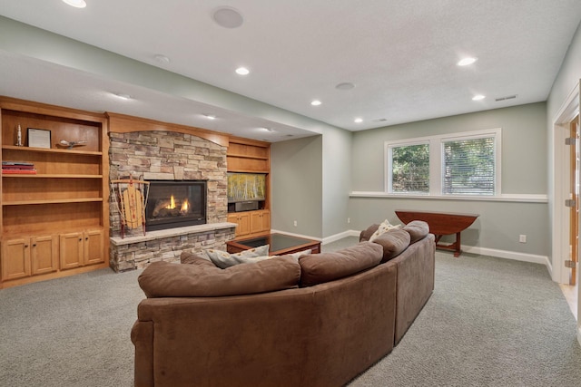 17244 Valley Rd, Eden Prairie, MN 55347 - carpeted living area with recessed lighting and a stone fireplace