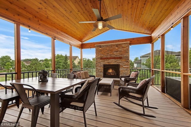 3631 Woodcrest Cir, Eagan, MN 55123 - sunroom featuring lofted ceiling, a ceiling fan, a wall of windows, wood ceiling, and a wooden deck
