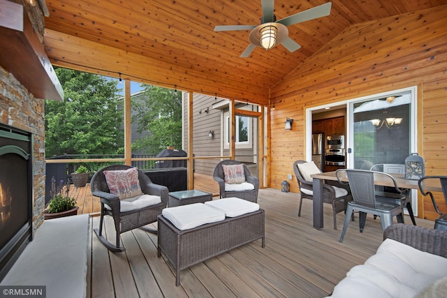 3631 Woodcrest Cir, Eagan, MN 55123 - wooden terrace featuring a ceiling fan, outdoor dining space, a grill, and an outdoor living space with a fireplace