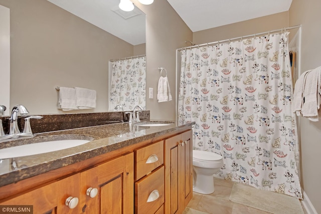3631 Woodcrest Cir, Eagan, MN 55123 - full bathroom featuring double vanity, tile patterned floors, and a shower with shower curtain