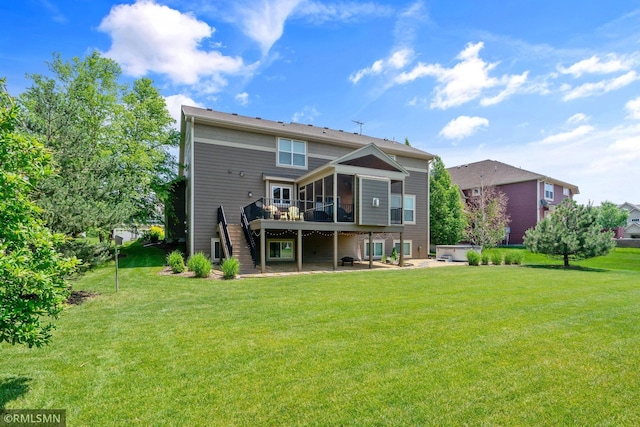 3631 Woodcrest Cir, Eagan, MN 55123 - back of property with stairway, a wooden deck, a patio, a yard, and a sunroom