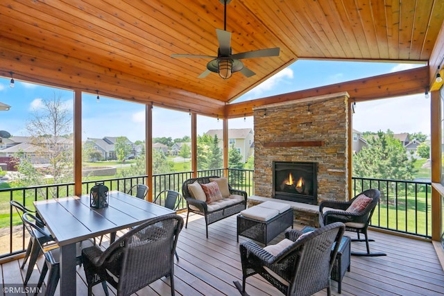 3631 Woodcrest Cir, Eagan, MN 55123 - wooden deck with a residential view, ceiling fan, an outdoor living space with a fireplace, and outdoor dining space