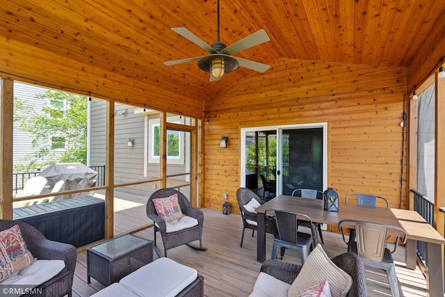 3631 Woodcrest Cir, Eagan, MN 55123 - sunroom featuring vaulted ceiling, ceiling fan, outdoor dining area, and outdoor lounge area