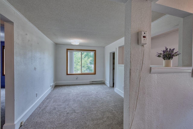 3026 5th Ave E, Hibbing, MN 55746 - carpeted spare room with a textured wall, a textured ceiling, a baseboard radiator, and ornamental molding