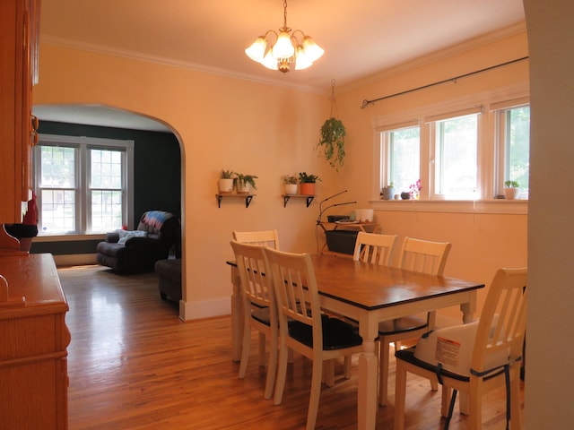 703 1st St SW, Wadena, MN 56482 - dining room with light wood finished floors, crown molding, arched walkways, and a chandelier