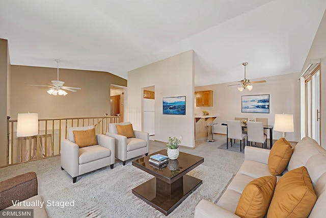 911 Lawnview Ave, Shoreview, MN 55126 - living area featuring a ceiling fan, lofted ceiling, and light colored carpet