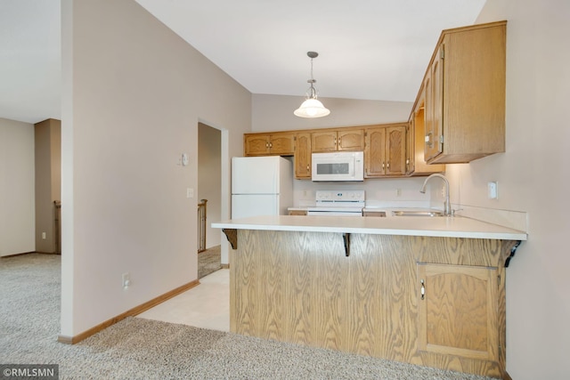 911 Lawnview Ave, Shoreview, MN 55126 - kitchen featuring light colored carpet, vaulted ceiling, white appliances, a peninsula, and light countertops