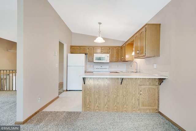 911 Lawnview Ave, Shoreview, MN 55126 - kitchen featuring light carpet, white appliances, vaulted ceiling, a peninsula, and light countertops