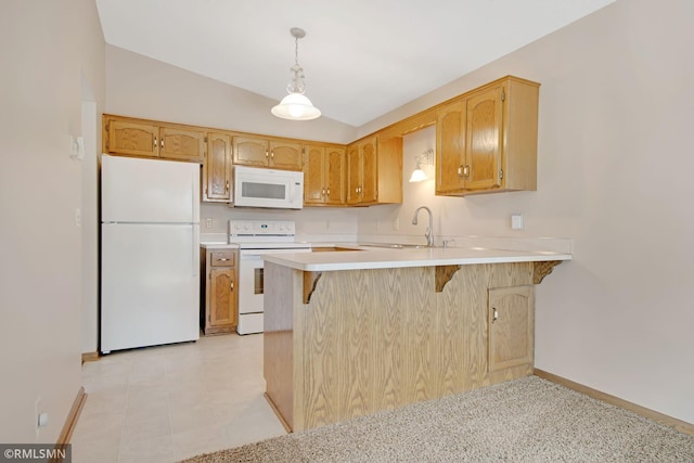 911 Lawnview Ave, Shoreview, MN 55126 - kitchen with white appliances, a peninsula, light countertops, a breakfast bar, and hanging light fixtures