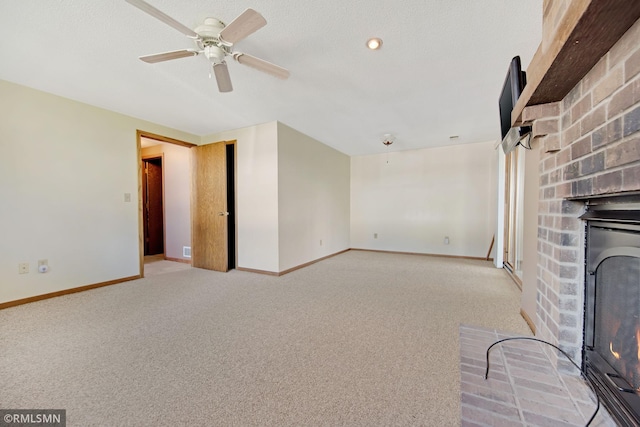 911 Lawnview Ave, Shoreview, MN 55126 - unfurnished living room with a fireplace, light carpet, and a ceiling fan
