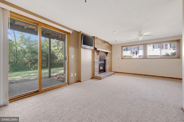 911 Lawnview Ave, Shoreview, MN 55126 - unfurnished living room with a brick fireplace, ceiling fan, and carpet