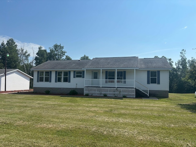12684 43rd Ave SW, Sylvan Twp, MN 56473 - ranch-style home with covered porch, a front yard, a shingled roof, and crawl space