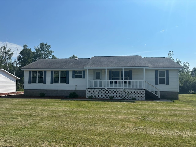 12684 43rd Ave SW, Sylvan Twp, MN 56473 - ranch-style home featuring covered porch, a front lawn, a shingled roof, and crawl space