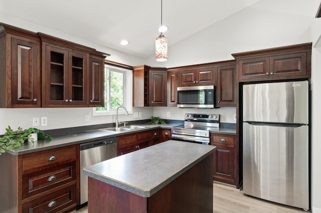 509 2nd St S, Montrose, MN 55363 - kitchen with stainless steel appliances, lofted ceiling, dark countertops, decorative light fixtures, and dark brown cabinetry