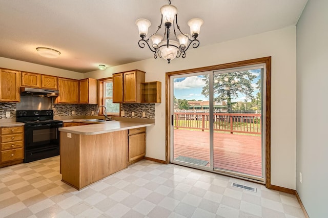 2208 84th Ave N, Brooklyn Park, MN 55444 - kitchen with electric range, light flooring, a peninsula, and backsplash