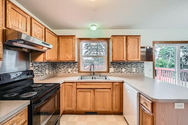 2208 84th Ave N, Brooklyn Park, MN 55444 - kitchen with black range with electric cooktop, a peninsula, under cabinet range hood, white dishwasher, and light flooring