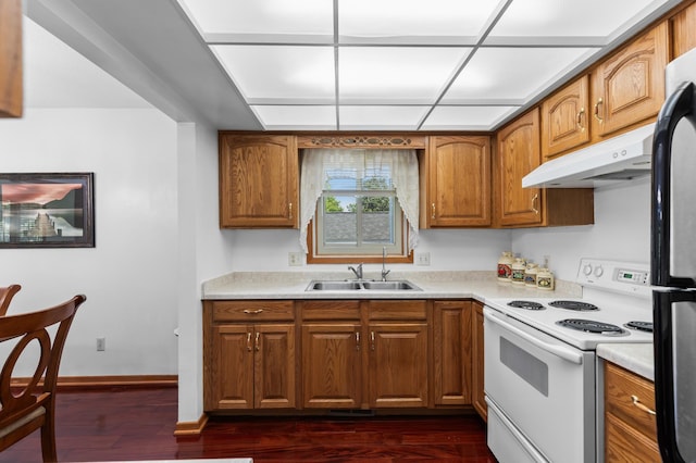 5833 Perry Ave N, Crystal, MN 55429 - kitchen with white electric range oven, under cabinet range hood, brown cabinets, and dark wood-style floors