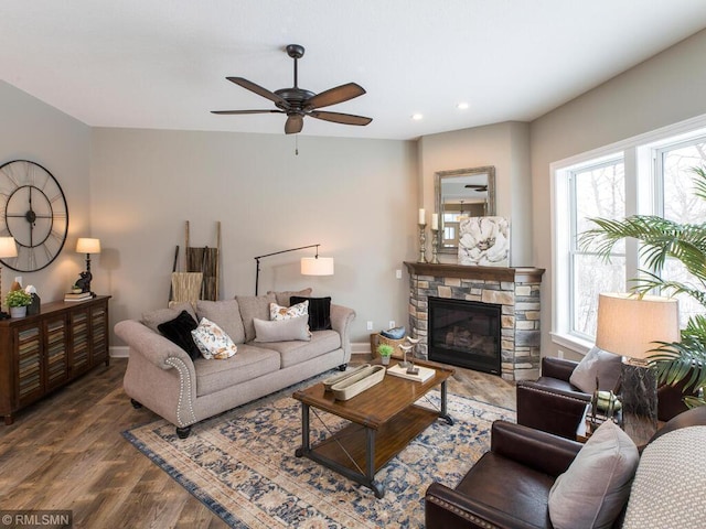 0000 Central Dr NE, Cambridge, MN 55008 - living area with wood finished floors, a ceiling fan, recessed lighting, and a fireplace