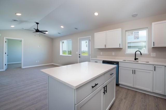 3101 Scotch Ln, Mankato, MN 56001 - kitchen with dishwasher, wood finished floors, ceiling fan, light countertops, and a kitchen island