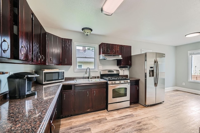 1076 Wilson Ave, Saint Paul, MN 55106 - kitchen featuring appliances with stainless steel finishes, under cabinet range hood, light wood finished floors, and dark brown cabinets
