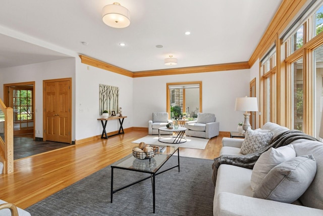 4301 Overlook Dr, Bloomington, MN 55437 - living room with wood finished floors, crown molding, and recessed lighting