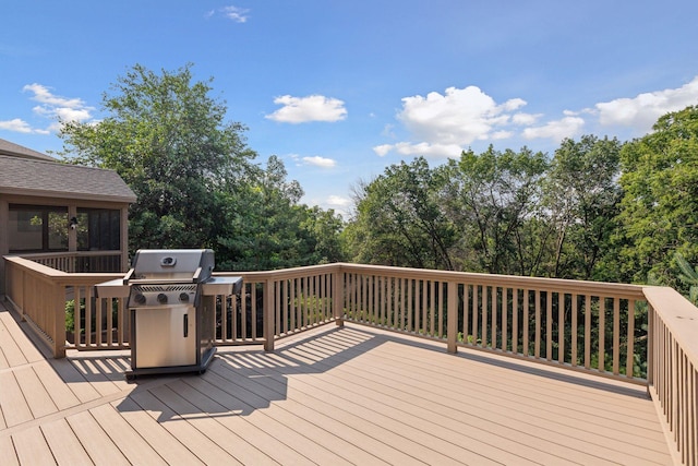 4301 Overlook Dr, Bloomington, MN 55437 - wooden deck featuring grilling area and view of scattered trees