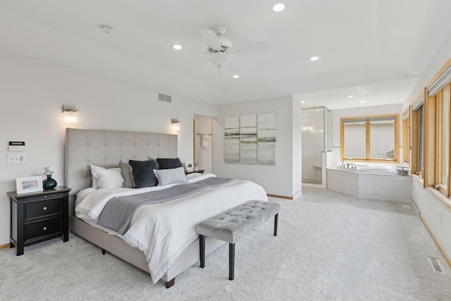4301 Overlook Dr, Bloomington, MN 55437 - bedroom featuring light colored carpet, recessed lighting, ensuite bath, and a ceiling fan