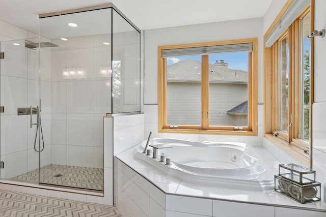 4301 Overlook Dr, Bloomington, MN 55437 - full bath featuring a stall shower, a whirlpool tub, and recessed lighting