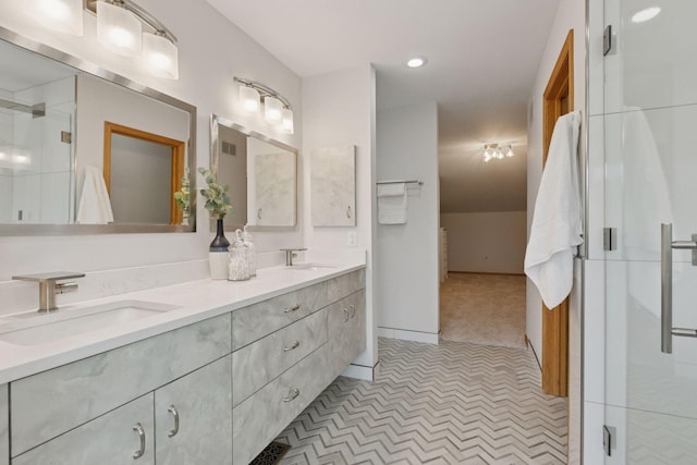 4301 Overlook Dr, Bloomington, MN 55437 - bathroom with double vanity, a stall shower, and recessed lighting