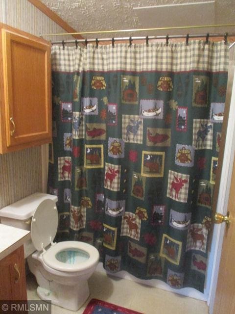 32546 360th St, Kimberly Twp, MN 56431 - full bath with wallpapered walls, vanity, and a shower with shower curtain