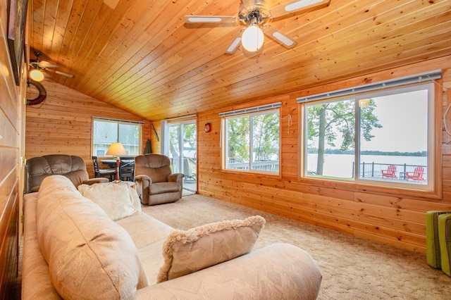 4236 Smith Lake Rd SE, Osakis, MN 56360 - living area with a ceiling fan, wooden walls, carpet floors, wooden ceiling, and lofted ceiling