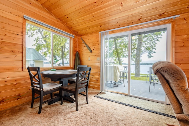 4236 Smith Lake Rd SE, Osakis, MN 56360 - carpeted dining space featuring lofted ceiling, wooden walls, a water view, and wooden ceiling