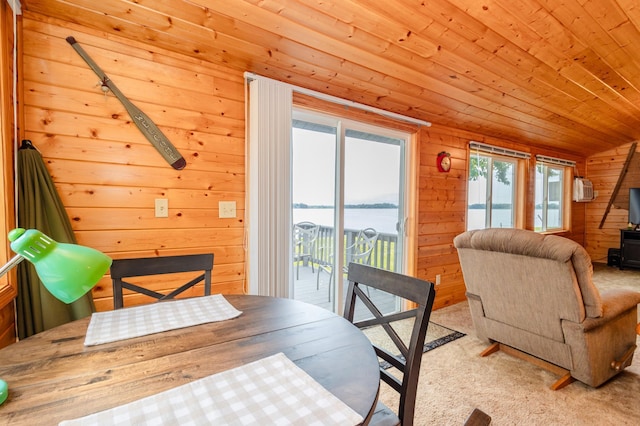 4236 Smith Lake Rd SE, Osakis, MN 56360 - carpeted dining space featuring a wood stove, wooden walls, and wooden ceiling