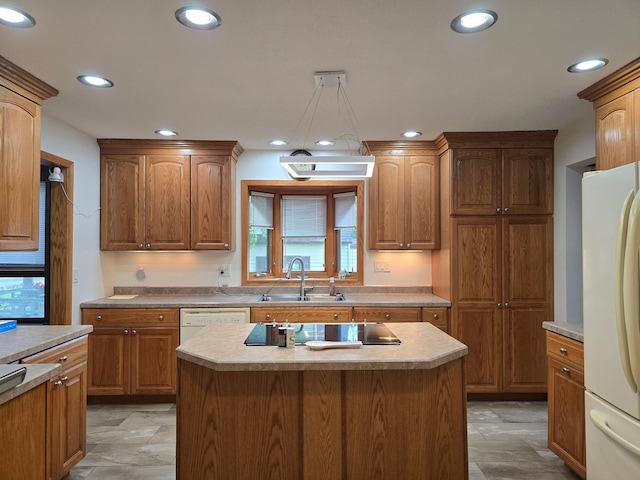 1218 2nd Ave E, International Falls, MN 56649 - kitchen with white appliances, recessed lighting, light countertops, and brown cabinetry