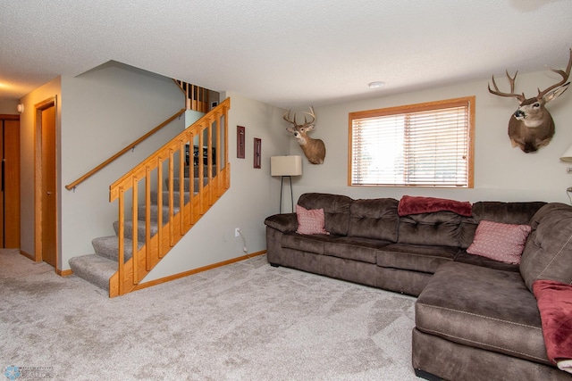 3590 Fillmore St S, Fargo, ND 58104 - carpeted living room featuring stairway and a textured ceiling