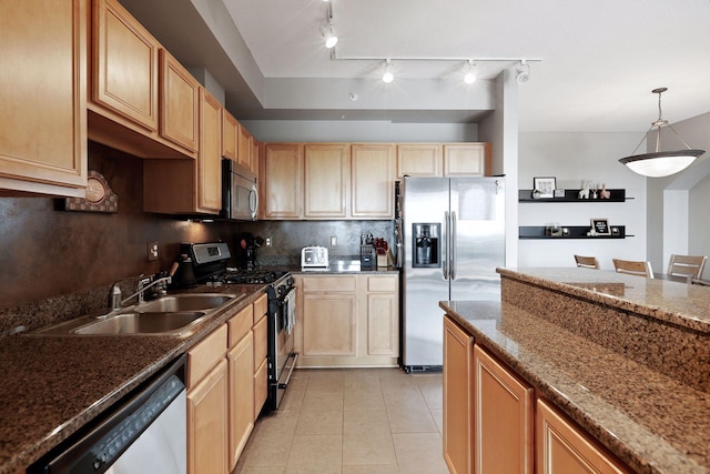 500 Grant St Unit 1105, Minneapolis, MN 55404 - kitchen featuring appliances with stainless steel finishes, light brown cabinets, backsplash, and light tile patterned flooring