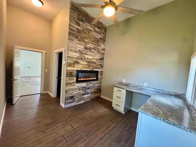 90760 US Highway 71, Christiania Twp, MN 56101 - unfurnished office with a fireplace, ceiling fan, dark wood-style floors, and a high ceiling