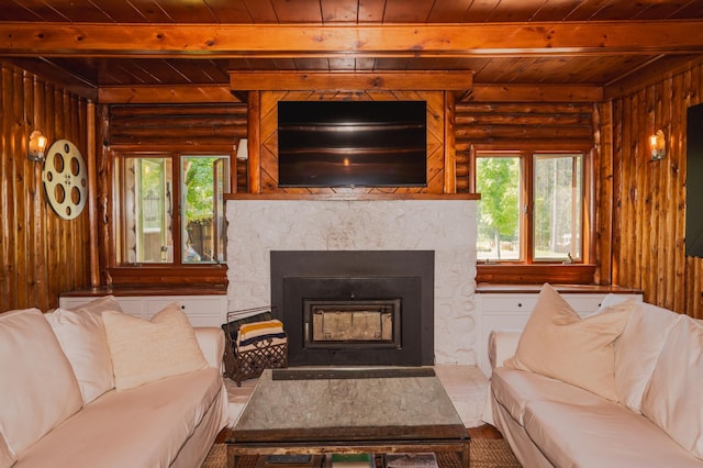 5607 Skogvei Rd, Duluth, MN 55803 - living room with a wood ceiling with exposed beams, a fireplace, log walls, and wood walls