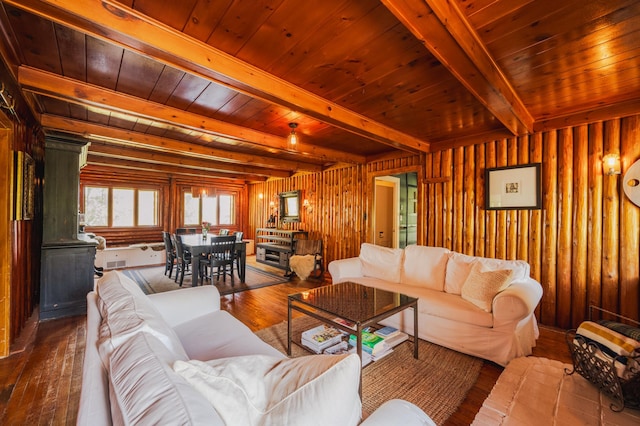5607 Skogvei Rd, Duluth, MN 55803 - living room featuring wood-type flooring, a wood ceiling with exposed beams, and wood walls
