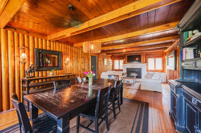 5607 Skogvei Rd, Duluth, MN 55803 - dining room featuring a fireplace with raised hearth, wood-type flooring, and a wooden ceiling with exposed beams