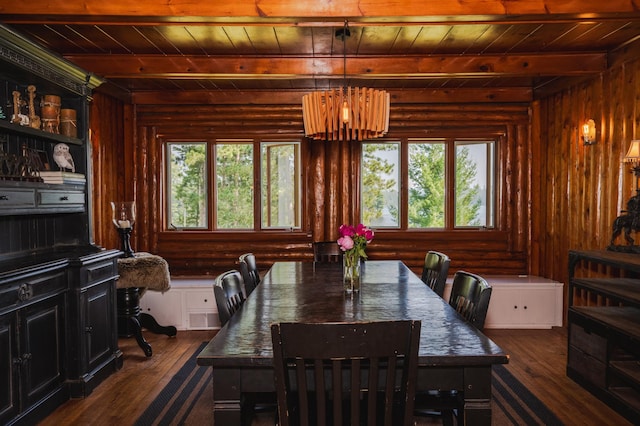 5607 Skogvei Rd, Duluth, MN 55803 - dining space with a wood ceiling with exposed beams, dark wood-style flooring, and rustic walls