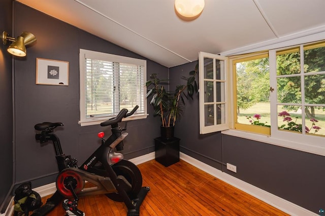 5607 Skogvei Rd, Duluth, MN 55803 - exercise area featuring lofted ceiling, wood-type flooring, and healthy amount of natural light