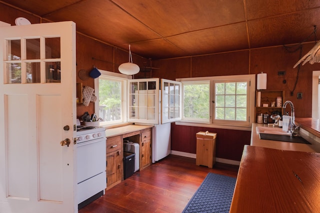 5607 Skogvei Rd, Duluth, MN 55803 - kitchen featuring white stove, dark wood-type flooring, wood walls, and wood ceiling
